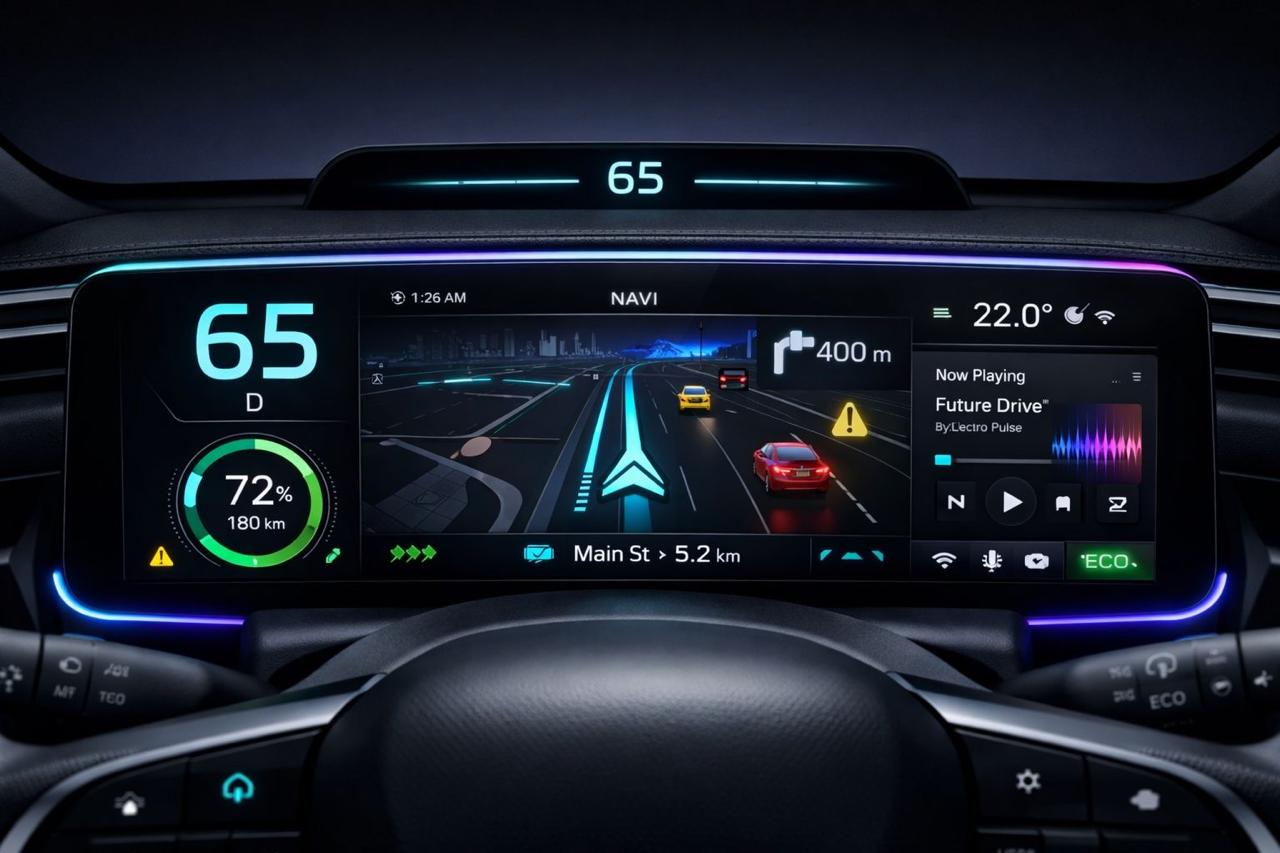 HerX digital instrument cluster with neon ambient lighting