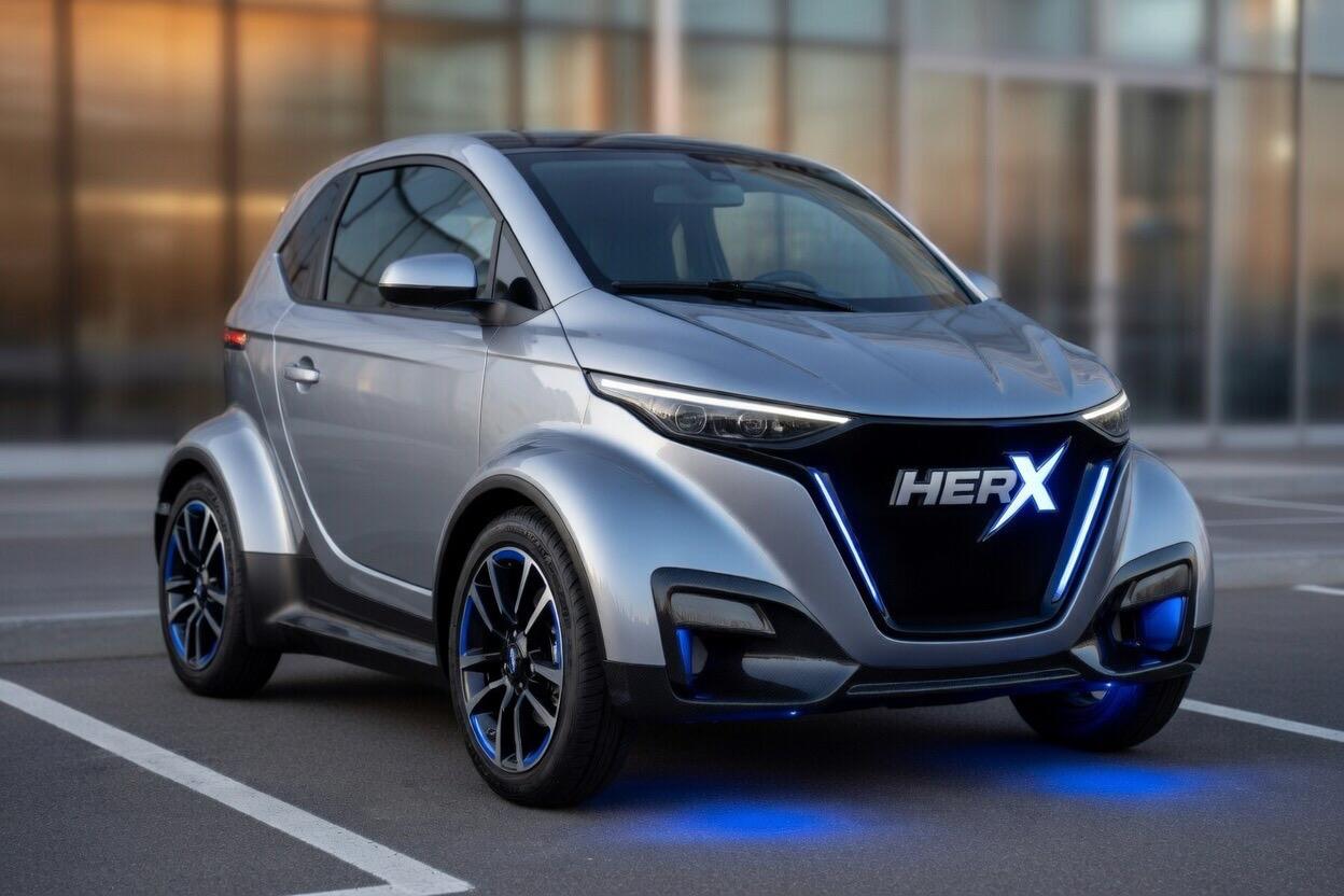 Silver HerX micro EV in an urban setting