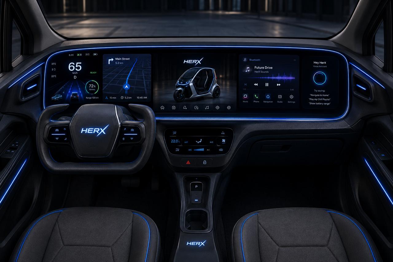 HerX City cockpit with five-screen panoramic display and ambient blue lighting