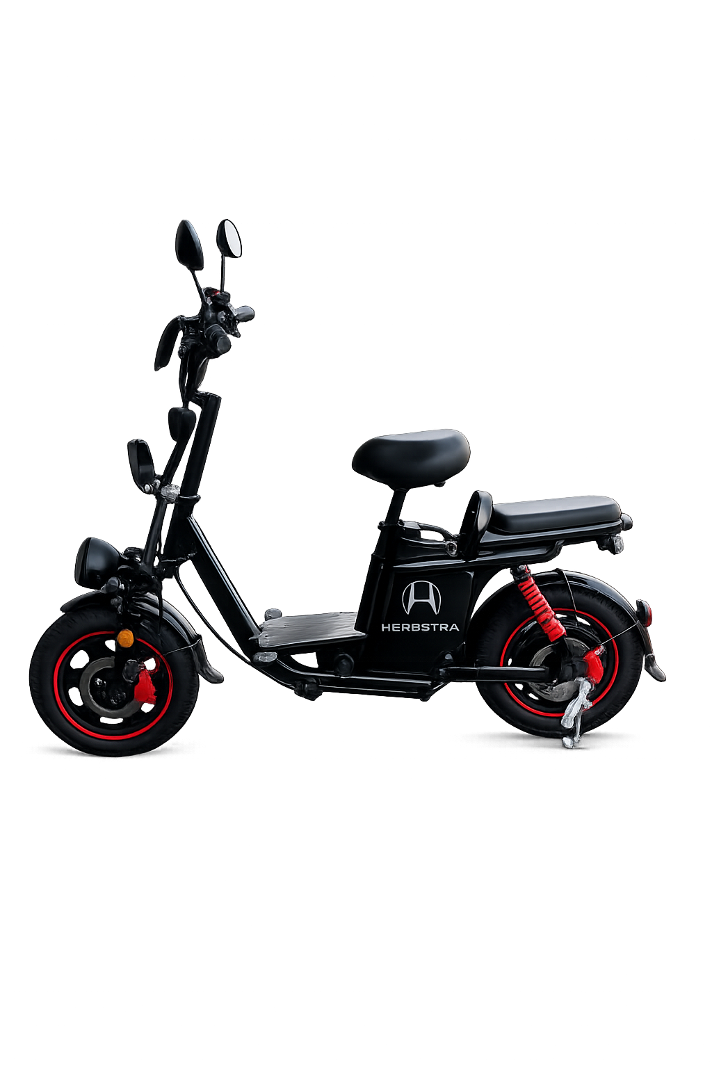 HerX-EB2 moped-style electric bike, side profile with black frame, twin saddle and red-rimmed fat tires