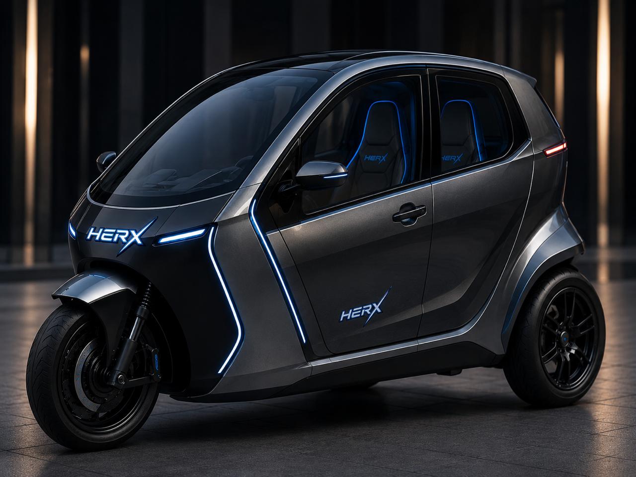 HerX City three-wheel micro EV with illuminated blue light signature at night