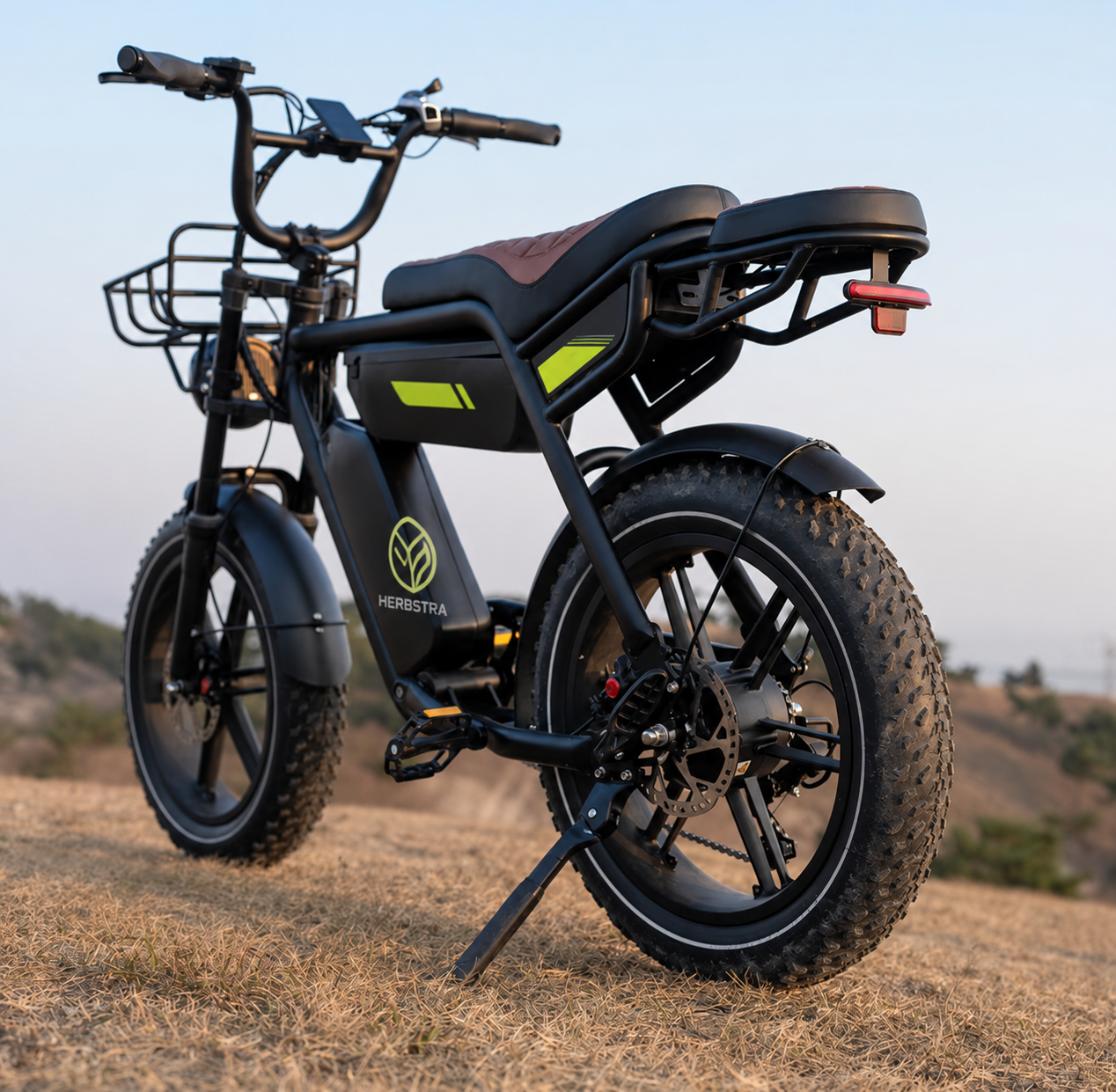 HerX-EB1 fat-tire electric utility bike with front basket and rear cargo rack