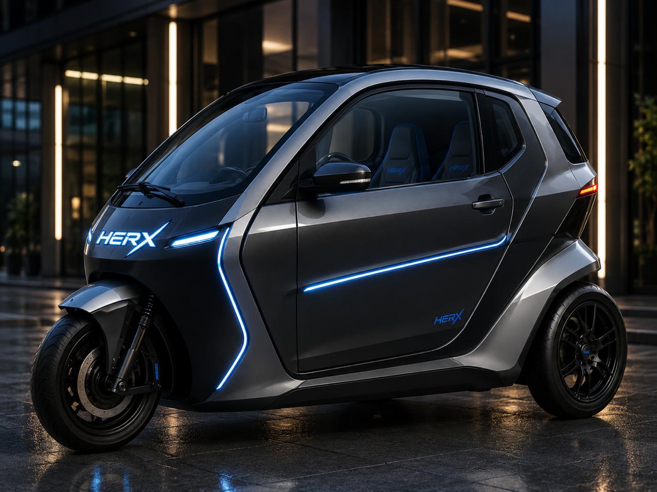 HerX City parked on a rain-slick street with office tower lights behind