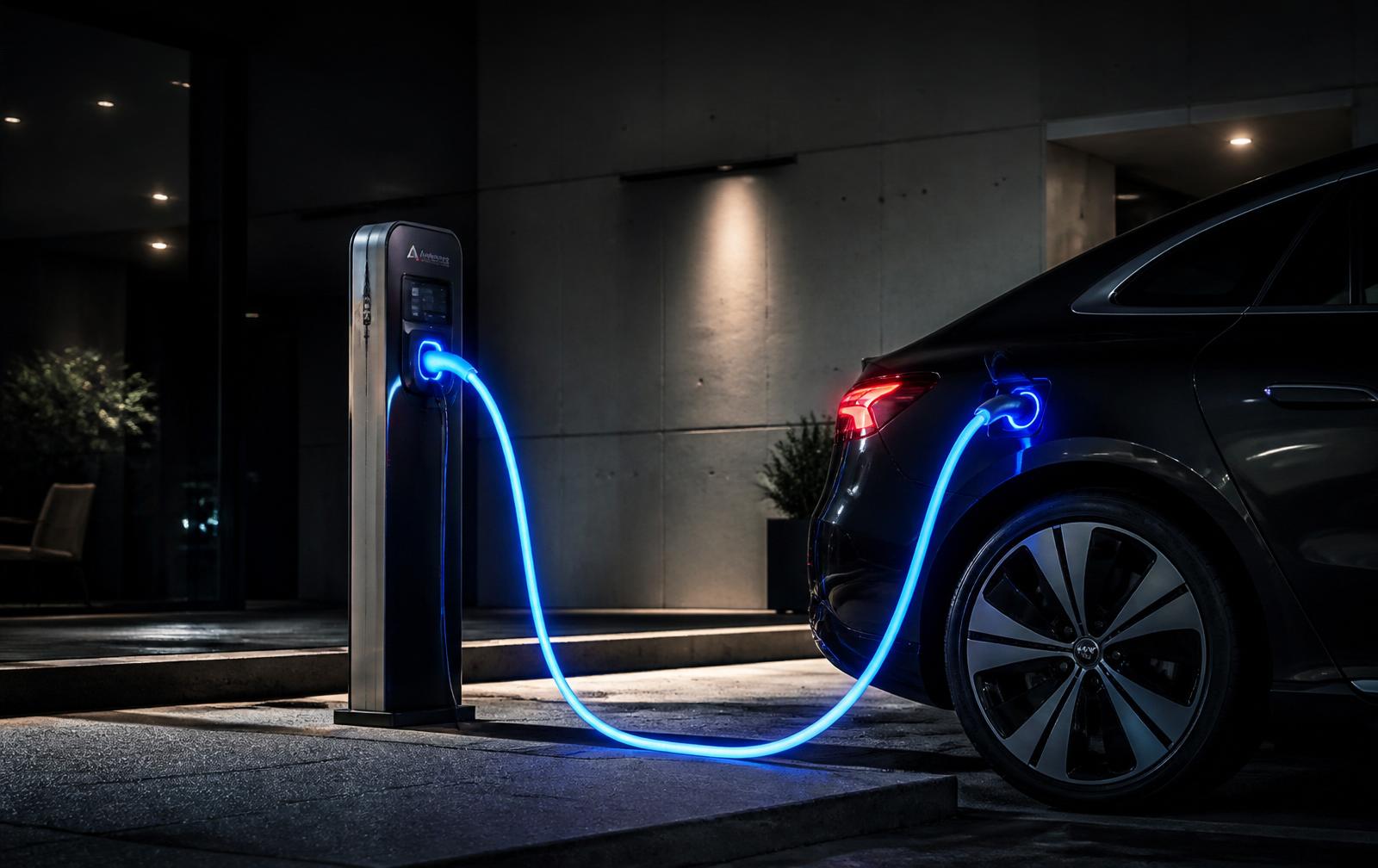 HerX charging at a modern station at night