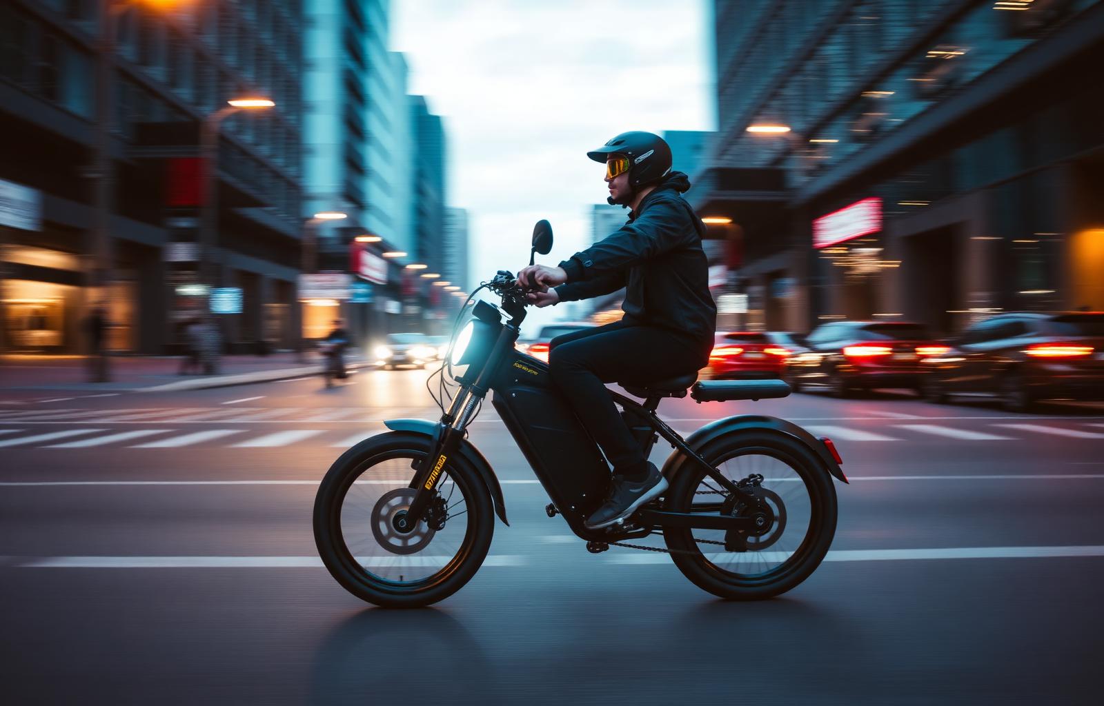 Rider commuting through the city on the HerX eBike at dusk