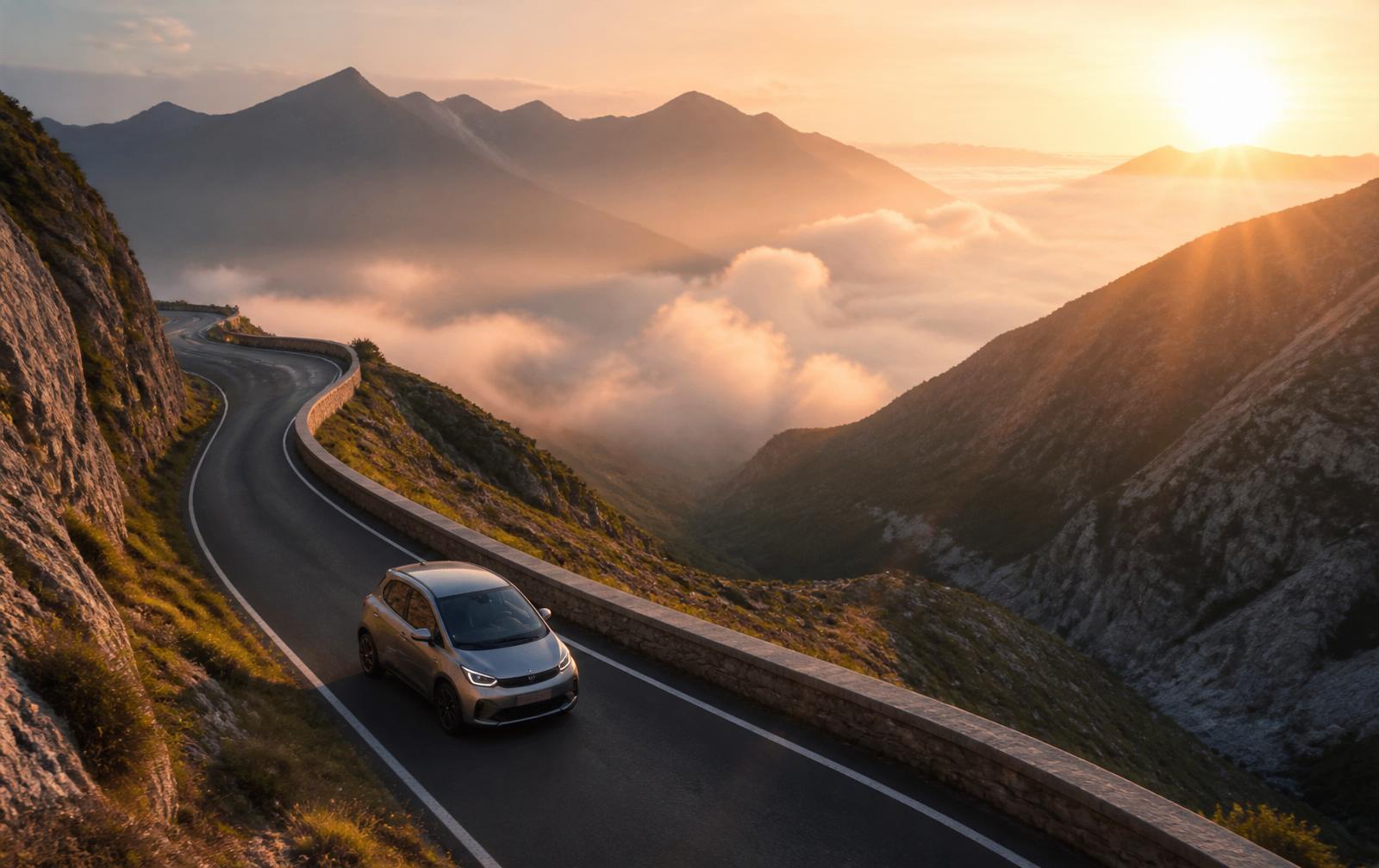Micro EV on a sunrise mountain road
